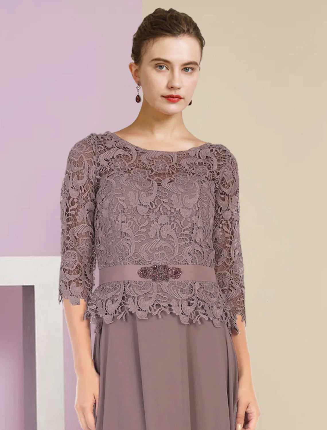 Side view of the formal chiffon and lace floor-length dress.