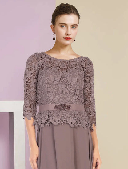 Side view of the formal chiffon and lace floor-length dress.