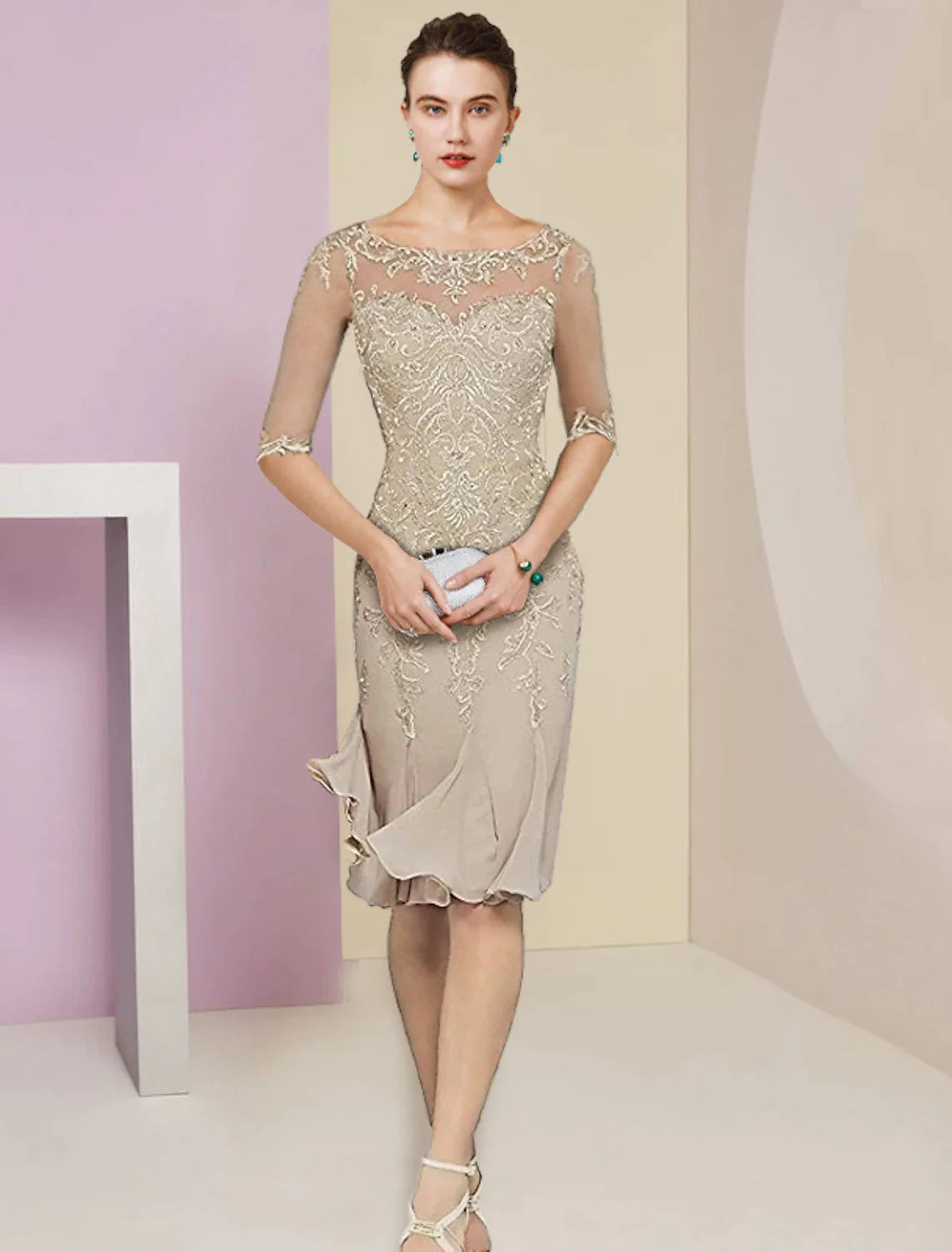 Side view of the two-piece mermaid trumpet dress, highlighting its knee-length silhouette and elegant design.