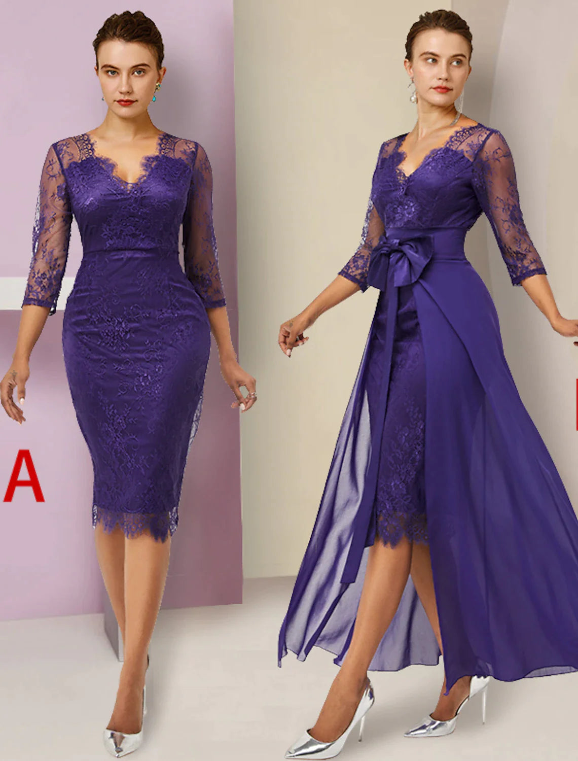 Side profile of a woman in the elegant two-piece chiffon and lace dress for special occasions.