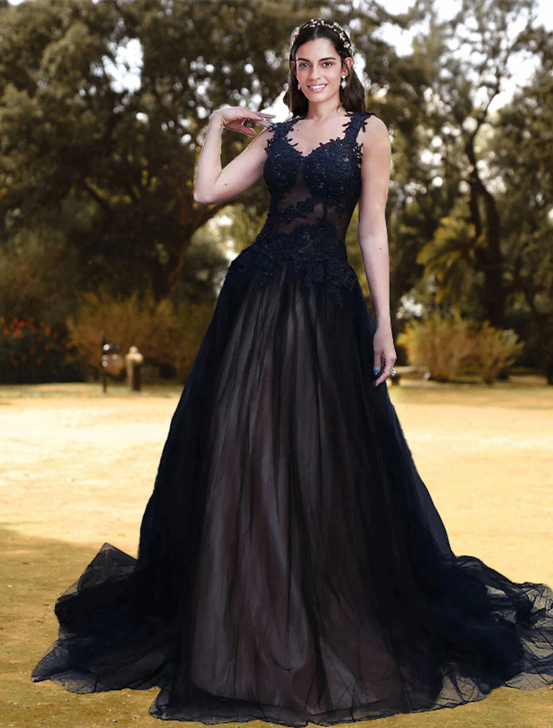 Elegant V-neck ball gown prom dress with lace appliques and pleated skirt.