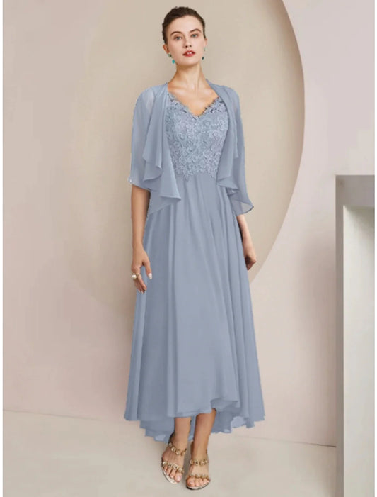 Elegant V-neck half-sleeve lace sheath dress, front view.