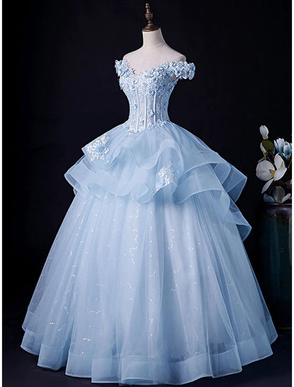 Elegant white off-shoulder ball gown with appliques, front view.