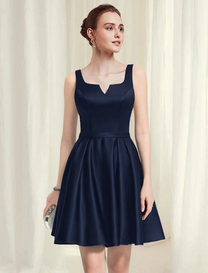 Elegant A-line satin cocktail dress with scoop neck and pleats.