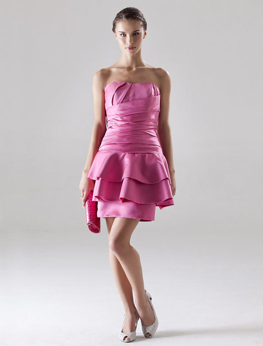 Elegant A-line satin homecoming dress in short length with sweetheart neckline and side draping.