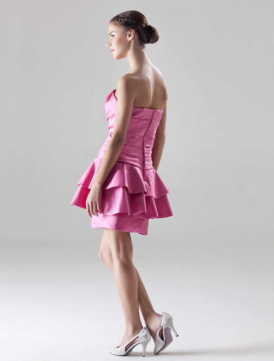 Back view of the A-line satin mini dress, showcasing its elegant silhouette.