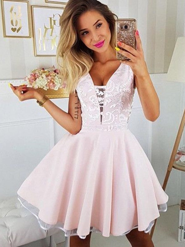 Full view of a satin A-Line short homecoming dress with V-neck and applique details.