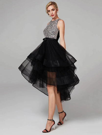 Knee-length satin ball gown homecoming dress with beading and cascading ruffles.