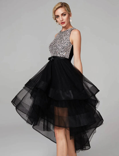 Side view of a sleeveless satin homecoming dress, showcasing the ruffled skirt.