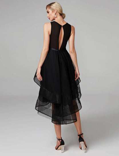 Back view of the jewel neck satin dress, highlighting the elegant silhouette.