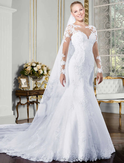 Front view of a sexy open back mermaid wedding dress with illusion neck and long sleeves.