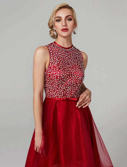 Side view of the asymmetrical A-line sequin satin dress.