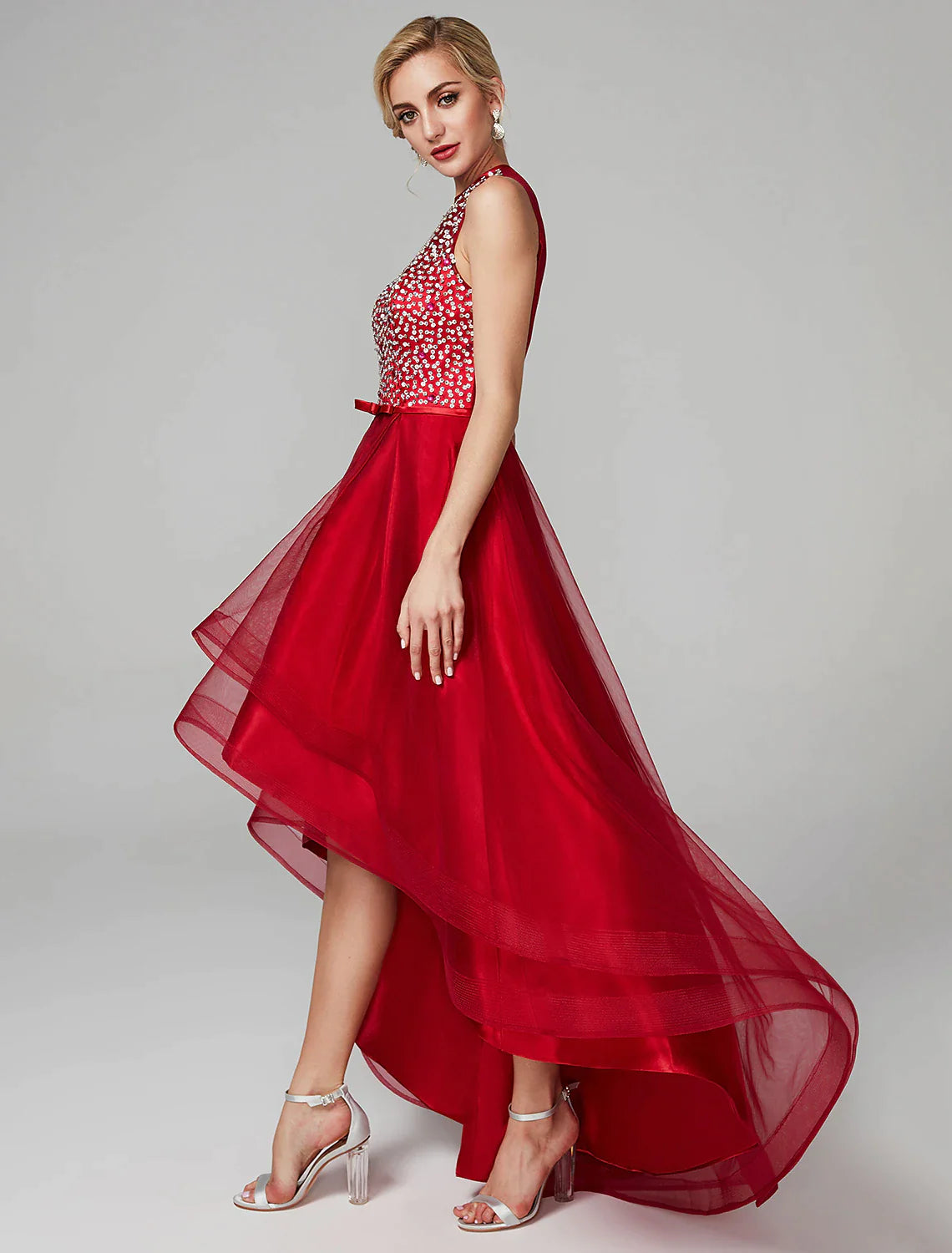 Back view of the A-line dress, highlighting bow details.