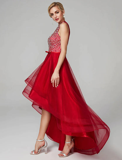 Back view of the A-line dress, highlighting bow details.