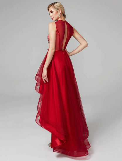 Close-up of the jewel neck and sequin detail on the A-line dress.