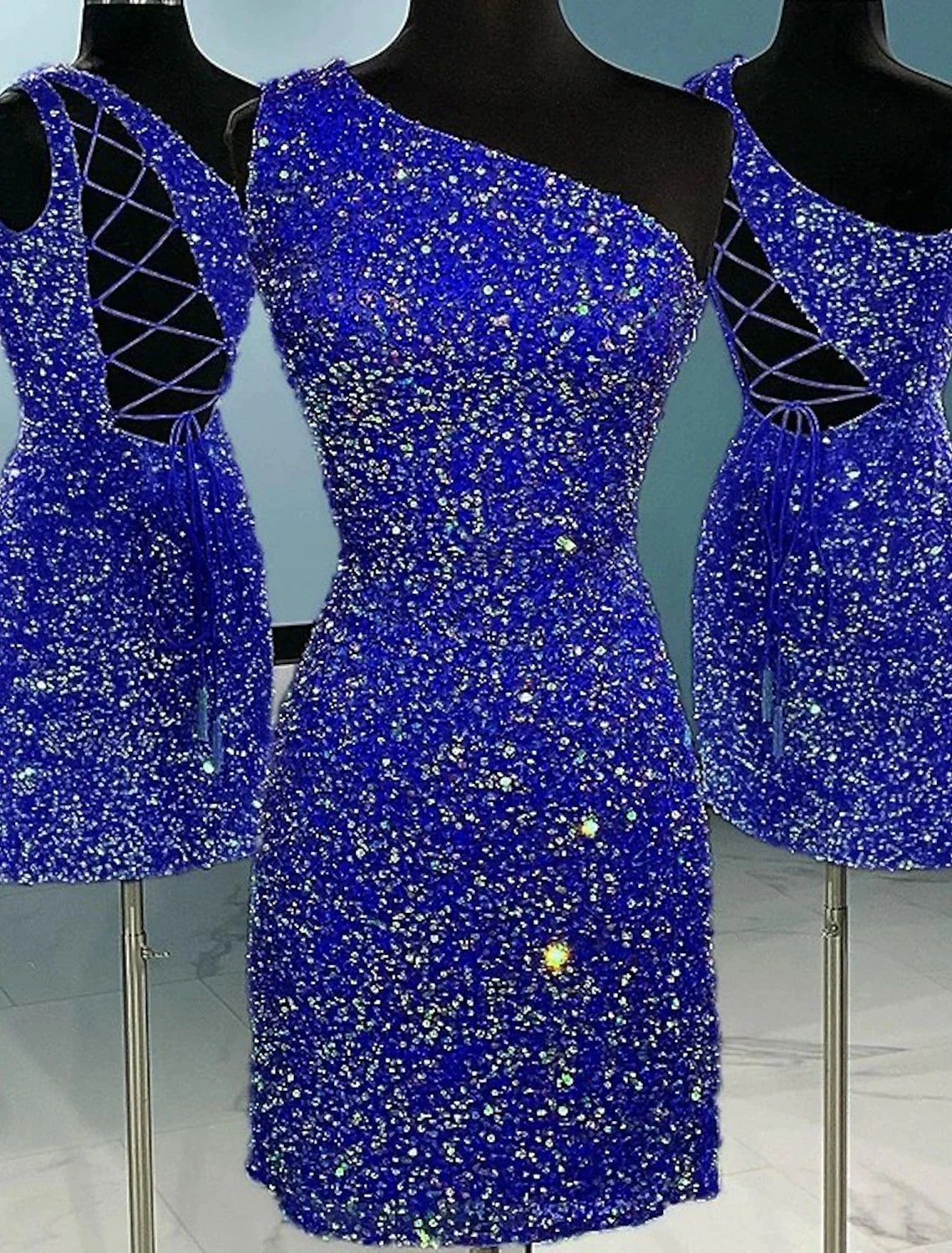 Woman wearing a sparkling one-shoulder A-line mini homecoming dress.
