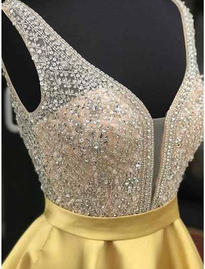 Elegant A-Line short satin dress with sparkling beading and V-neck.
