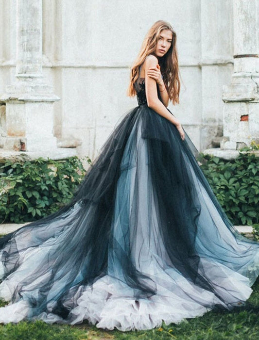 Model wearing a vibrant color block ball gown Quinceanera dress with V-neck and appliques.