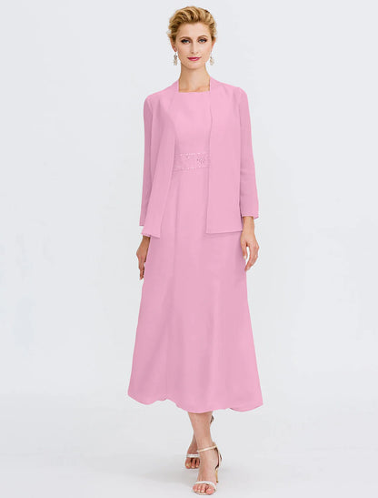 Two Piece Sheath / Column Mother of the Bride Dress Fall Wedding Guest Dresses Plus Size Elegant Jewel Neck Tea Length Chiffon Sleeveless Wrap Included with Sash / Ribbon Pleats Beading