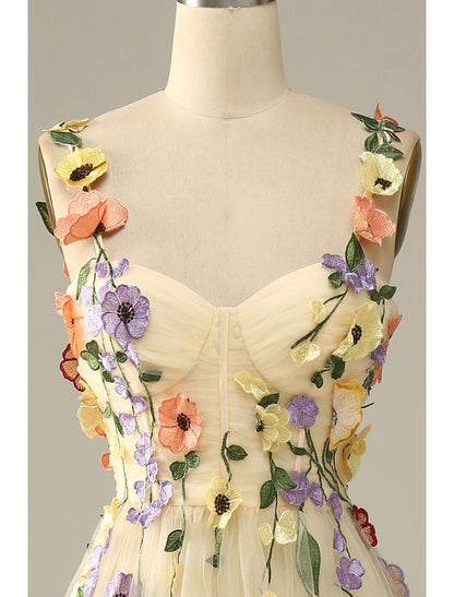 Vestido de novia de corte A, para invitada, floral, para fiesta, largo hasta el suelo, sin mangas, con tirantes finos, de tul y apliques