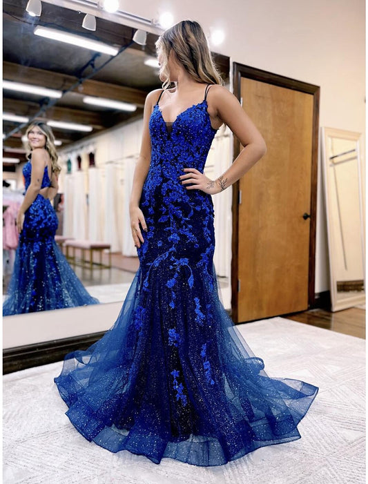 Vestidos de fiesta de sirena/trompeta con brillo y brillo, vestido formal de corte en cola, sin mangas, cuello en V, tul, espalda descubierta con apliques de cuentas brillantes.