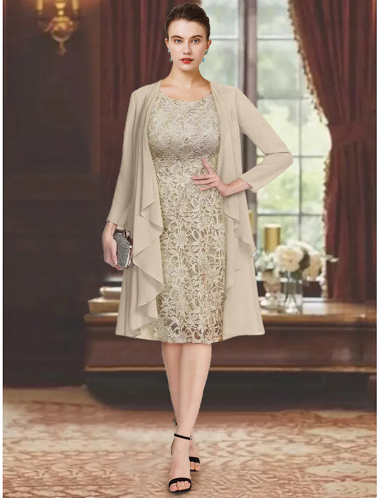 Vestido de dos piezas tipo tubo para madre de la novia, elegante, con escote redondo, largo hasta la rodilla, de gasa, con encaje, manga corta, color liso