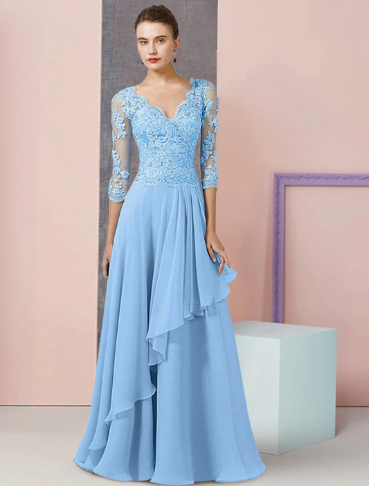 Suknia dla matki panny młodej w kształcie litery A, formalna, dla gości weselnych, elegancka, w stylu vintage, z dekoltem w serek, sięgająca do ziemi, z szyfonu, z koronkowymi rękawami i aplikacjami z koralików i cekinów