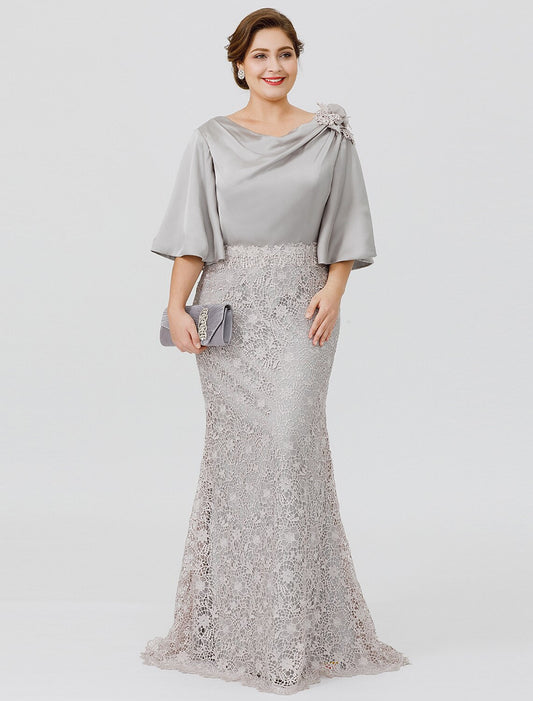 Suknia dla matki panny młodej w stylu syreny / trąbki, plus size, seksowny dekolt w szpic, tren satynowy, szyfonowy, koronkowy, na satynowym, półrękawku, bez aplikacji