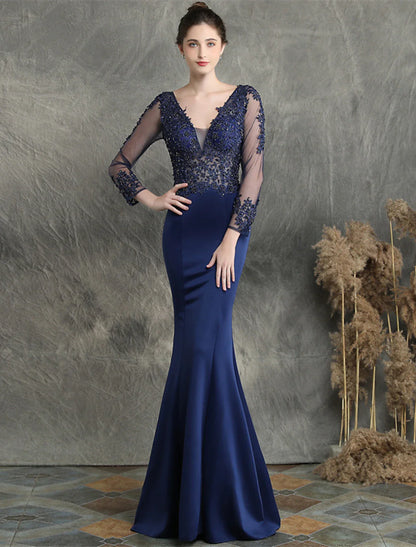 Mermaid / Trumpet Prom Dresses Elegant Dress Formal Sweep / Brush Train Long Sleeve V Neck Cotton Blend with Beading Appliques