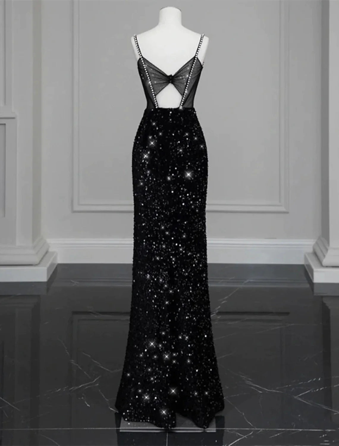 Vestido de noche de sirena/trompeta, sexy, formal, largo hasta el suelo, sin mangas, tirantes finos, con lentejuelas y lazo(s), cristales y lentejuelas