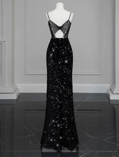 Vestido de noche de sirena/trompeta, sexy, formal, largo hasta el suelo, sin mangas, tirantes finos, con lentejuelas y lazo(s), cristales y lentejuelas