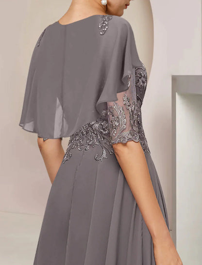 A-Line Mother of the Bride Dress Formal Wedding Guest Elegant Scoop Neck Asymmetrical Tea Length Chiffon Lace Half Sleeve with Beading Appliques