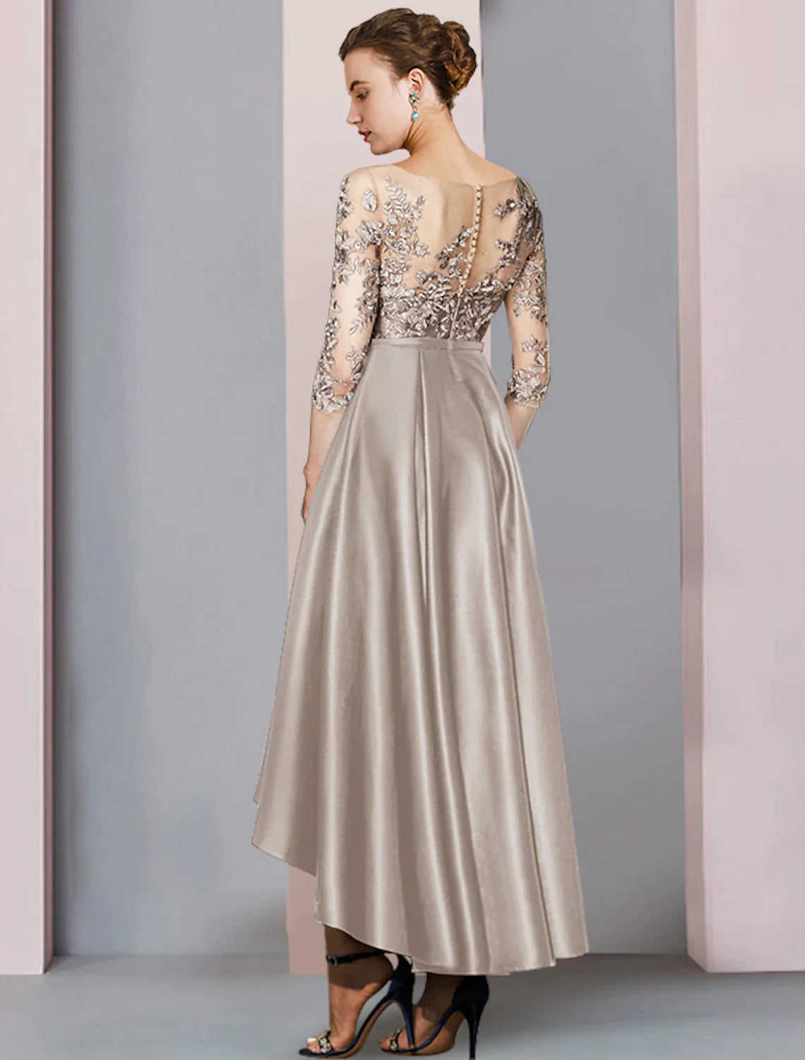 A-Line Mother of the Bride Dress Wedding Guest Elegant High Low Scoop Neck Asymmetrical Tea Length Satin Lace Half Sleeve with Pleats Appliques