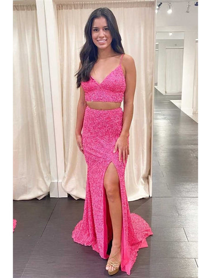 Vestido de fiesta de dos piezas con corte sirena o trompeta, vestido de fiesta con brillo y brillo, vestido de fiesta con cola larga o cepillada, sin mangas, tirantes finos, lentejuelas, espalda descubierta y abertura con lentejuelas
