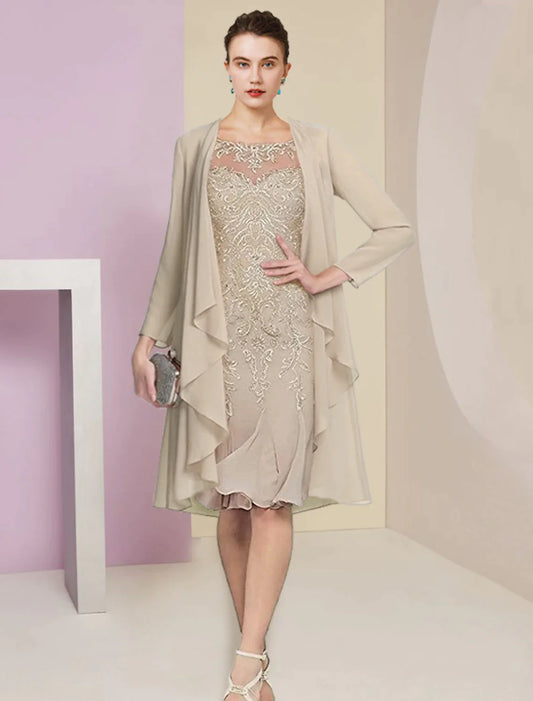 Dwuczęściowa suknia dla matki panny młodej w stylu syreny/trąbki, formalna, na wesele, elegancka, w stylu vintage, z okrągłym dekoltem, do kolan, z szyfonu, koronki, z krótkim rękawem i plisami, z aplikacjami