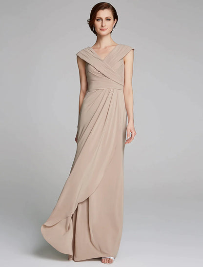 Vestido elegante para madre de la novia, de corte tubo/columna, escote en V, largo hasta el suelo, jersey, manga corta y pliegues.