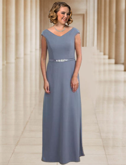 Vestido de madre de la novia de talla grande, elegante, con escote en V, largo hasta el suelo, de gasa, sin mangas, con faja o cinta.