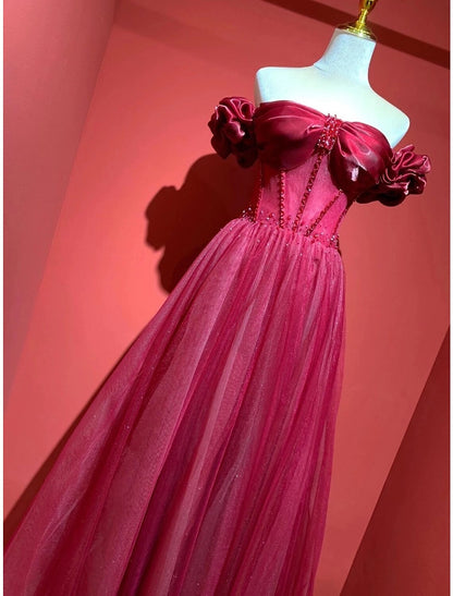 A-Line Prom Dresses Empire Dress Prom Sweep / Brush Train Short Sleeve Sweetheart Tulle with Pleats Beading
