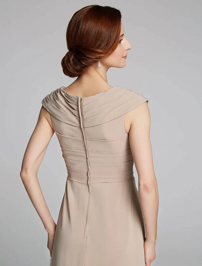 Vestido elegante para madre de la novia, de corte tubo/columna, escote en V, largo hasta el suelo, jersey, manga corta y pliegues.