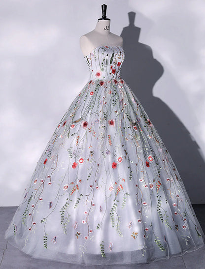 Vestido de noche elegante de quinceañera, largo hasta el suelo, sin mangas, sin tirantes, con encaje y apliques bordados con abertura.