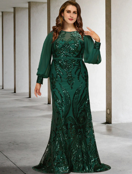 Suknie dla matki panny młodej w rozmiarze plus size, syrena / trąbka, elegancka suknia, formalny tren, długi rękaw, dekolt w serek, szyfon z cekinami