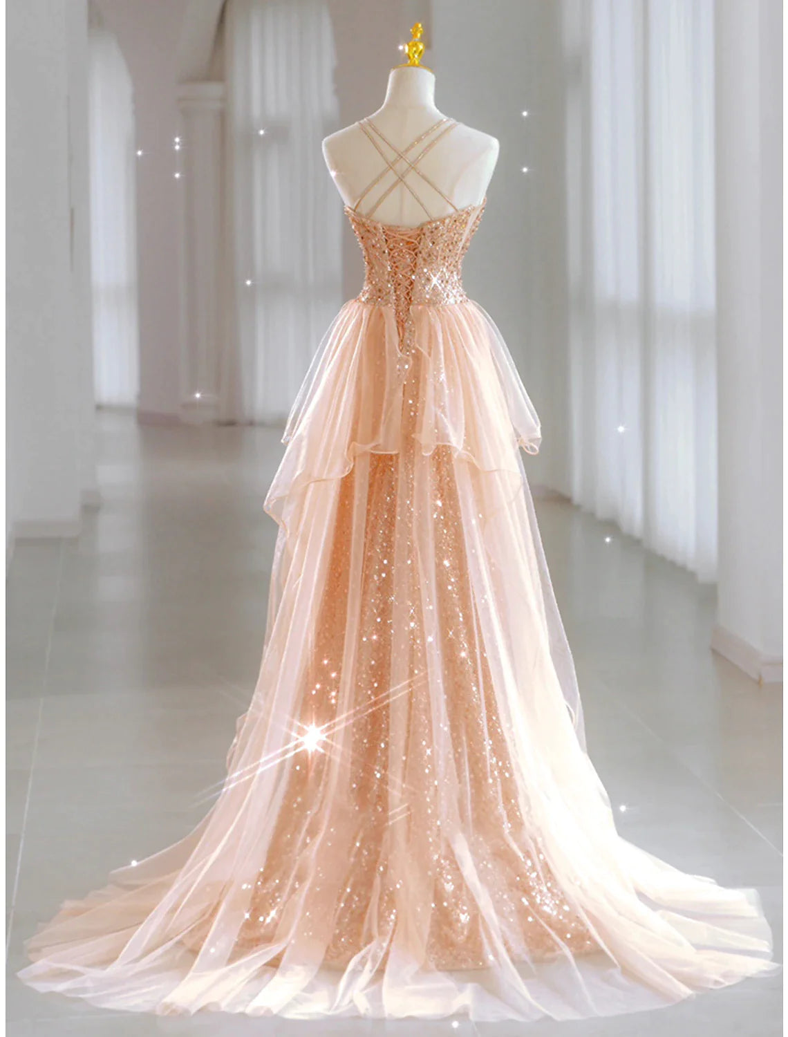 Vestidos de fiesta de corte A, brillantes y con brillo, para quinceañeras, largo hasta el suelo, sin mangas, escote corazón, tul con lentejuelas