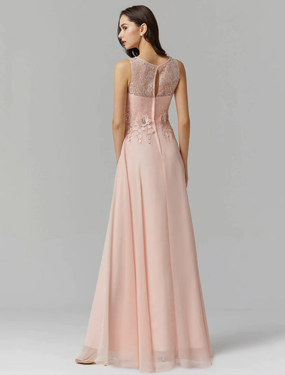 A-Line Empire Dress Wedding Guest Floor Length Sleeveless Illusion Neck Chiffon with Beading Appliques