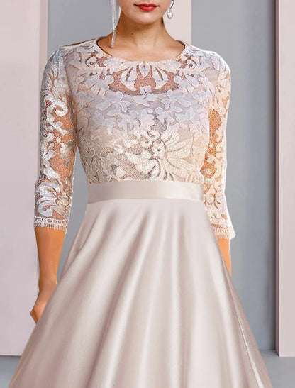 A-Line Mother of the Bride Dress Wedding Guest Party Elegant Scoop Neck Tea Length Satin Lace 3/4 Length Sleeve with Appliques