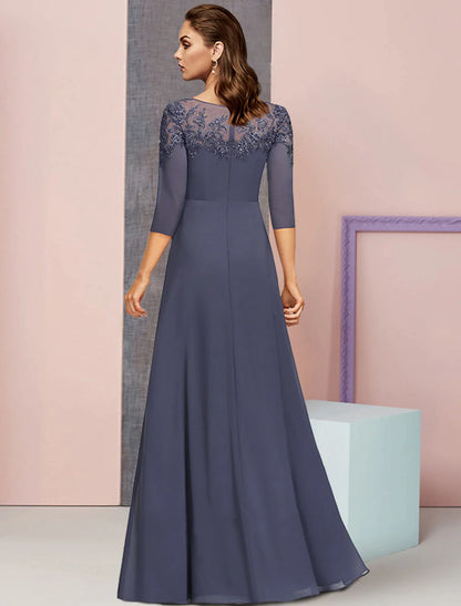 Vestido de madre de la novia de corte A, formal, elegante, con escote joya, largo hasta el suelo, de gasa, con encaje, mangas 3/4 y apliques de lentejuelas