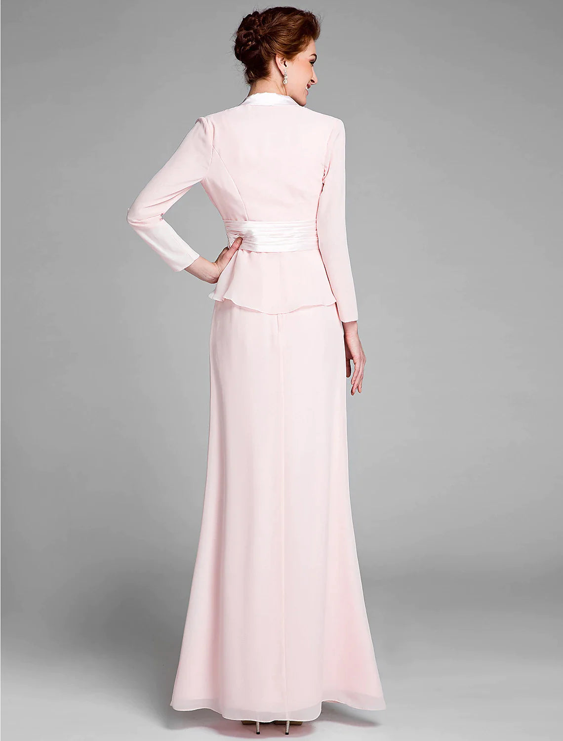 Vestido de sirena/trompeta para madre de la novia, convertible, escote redondo, largo hasta el suelo, gasa, manga larga, cruzado, incluido con faja/cinta