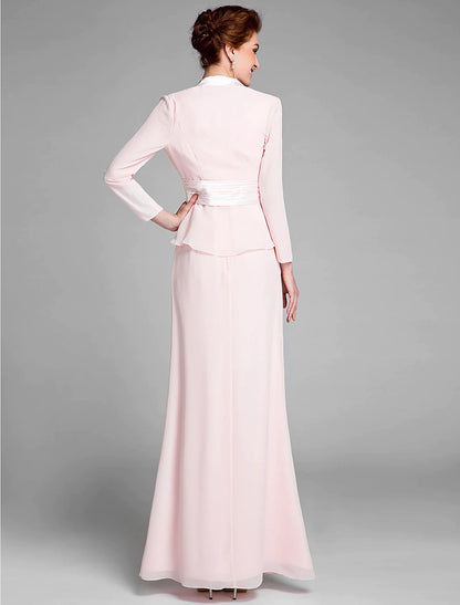 Vestido de sirena/trompeta para madre de la novia, convertible, escote redondo, largo hasta el suelo, gasa, manga larga, cruzado, incluido con faja/cinta