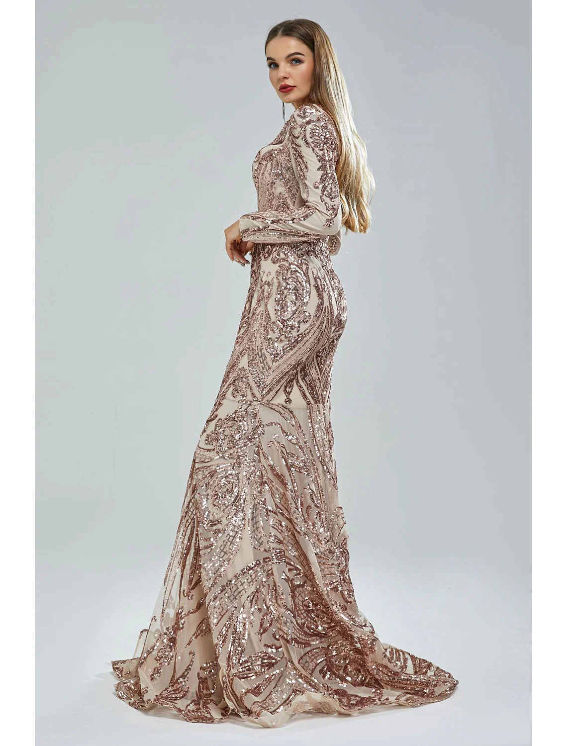 Vestido de noche de sirena/trompeta con brillo y destellos, vestido formal de corte en cola, manga larga, cuello en V, encaje afroamericano con lentejuelas