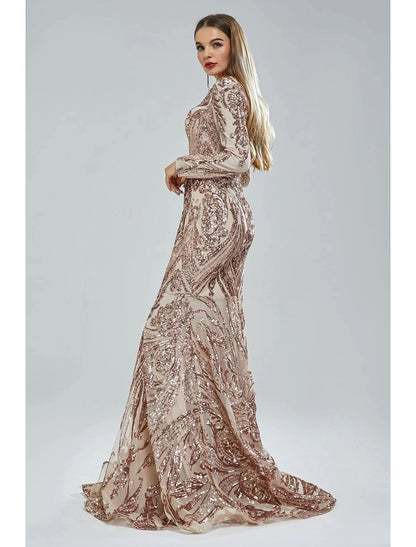 Vestido de noche de sirena/trompeta con brillo y destellos, vestido formal de corte en cola, manga larga, cuello en V, encaje afroamericano con lentejuelas