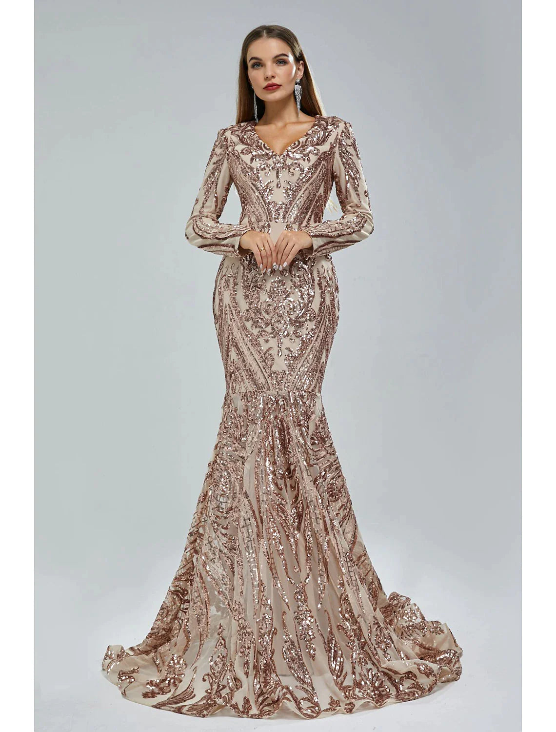 Vestido de noche de sirena/trompeta con brillo y destellos, vestido formal de corte en cola, manga larga, cuello en V, encaje afroamericano con lentejuelas